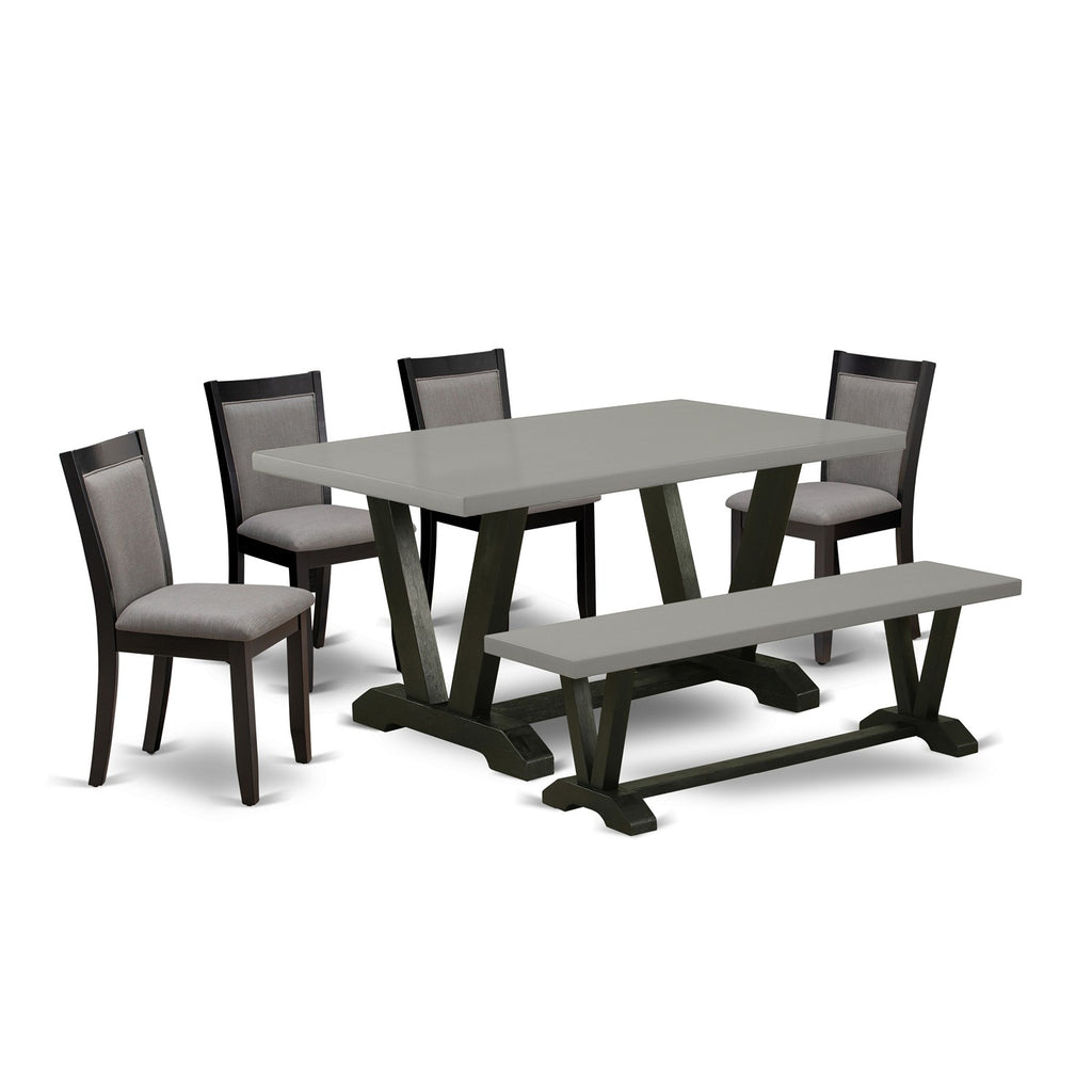 V696MZ150-6 6Pc Dining Room Set - 36x60" Rectangular Table, 4 Parson Chairs and a Bench - Wirebrushed Black & Cement Color