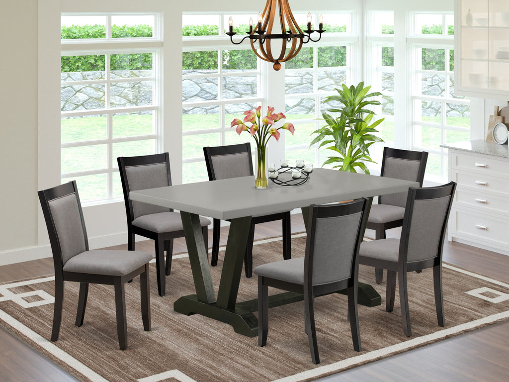 V696MZ150-7 7Pc Dining Room Set - 36x60" Rectangular Table and 6 Parson Dining Chairs - Wirebrushed Black & Cement Color