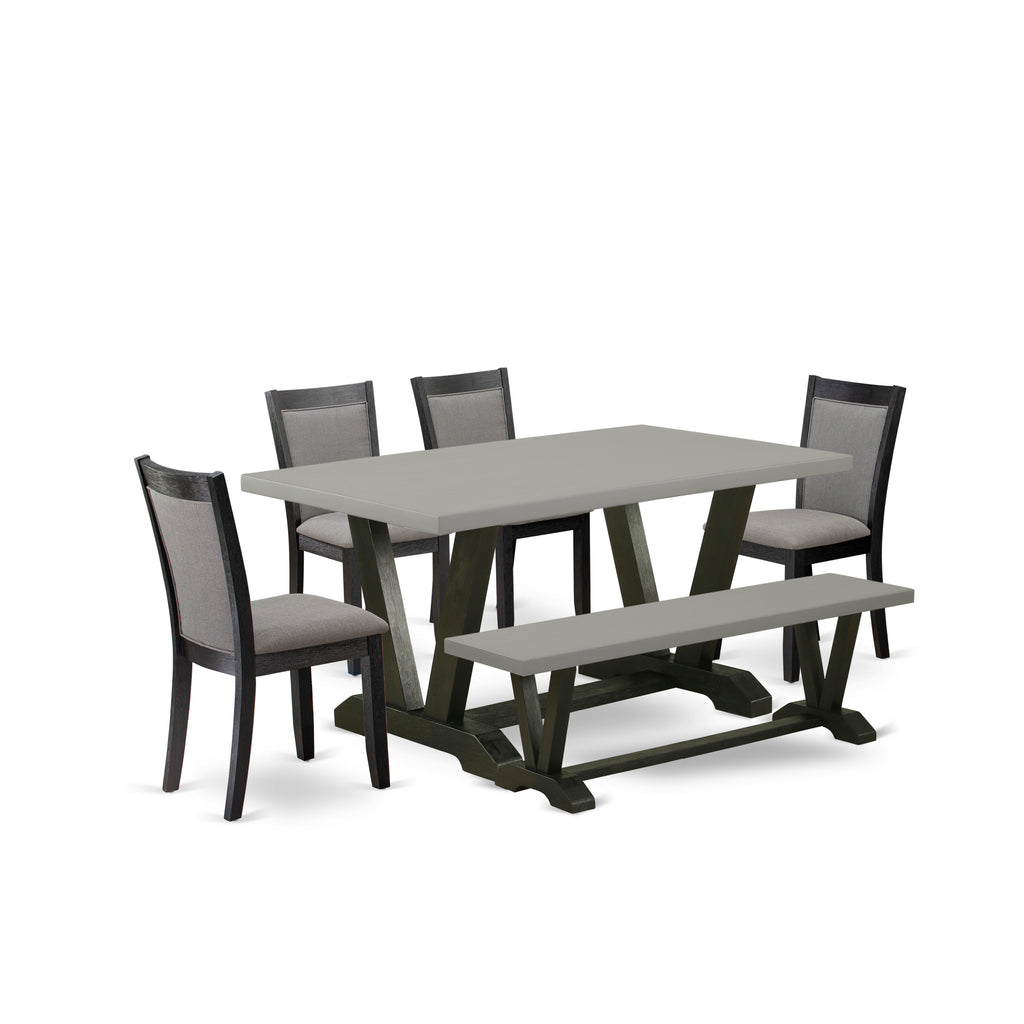 East West Furniture V696MZ650-6 6 Piece Dining Set Contains a Rectangle Dining Room Table with V-Legs and 4 Dark Gotham Grey Linen Fabric Parson Chairs with a Bench, 36x60 Inch, Multi-Color