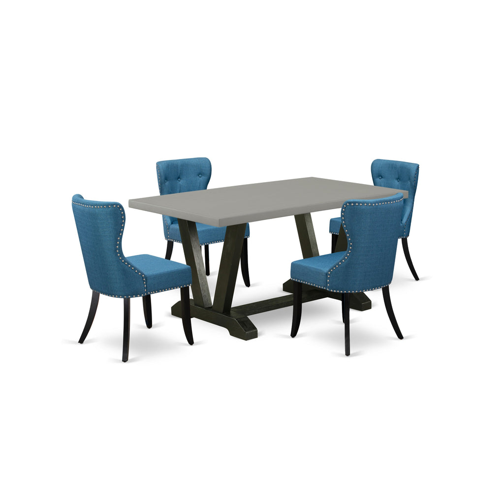 East West Furniture V696SI121-5 5 Piece Dinette Set Includes a Rectangle Dining Room Table with V-Legs and 4 Blue Linen Fabric Upholstered Parson Chairs, 36x60 Inch, Multi-Color