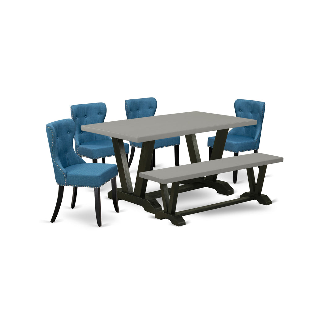 East West Furniture V696SI121-6 6 Piece Modern Dining Table Set Contains a Rectangle Wooden Table with V-Legs and 4 Blue Linen Fabric Parson Chairs with a Bench, 36x60 Inch, Multi-Color