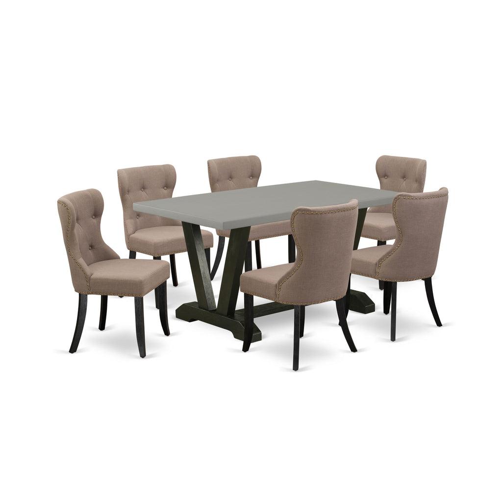 East West Furniture V696SI648-7 7 Piece Dinette Set Consist of a Rectangle Dining Room Table with V-Legs and 6 Coffee Linen Fabric Parsons Dining Chairs, 36x60 Inch, Multi-Color