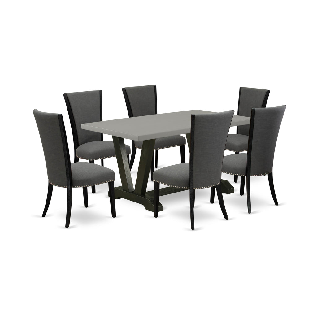 V696VE650-7 7Pc Dining Set - 36x60" Rectangular Table and 6 Parson Chairs - Wirebrushed Black & Cement Color