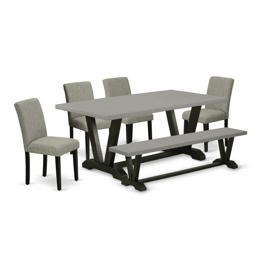 East West Furniture V697AB106-6 6 Piece Dinette Set Contains a Rectangle Dining Room Table with V-Legs and 4 Shitake Linen Fabric Upholstered Chairs with a Bench, 40x72 Inch, Multi-Color