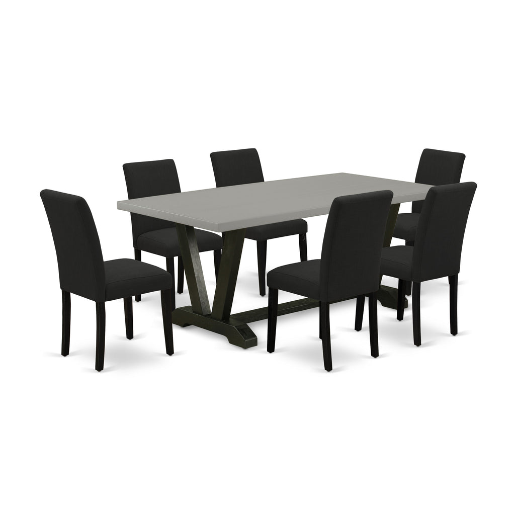East West Furniture V697AB624-7 7 Piece Modern Dining Table Set Consist of a Rectangle Wooden Table with V-Legs and 6 Black Color Linen Fabric Upholstered Chairs, 40x72 Inch, Multi-Color