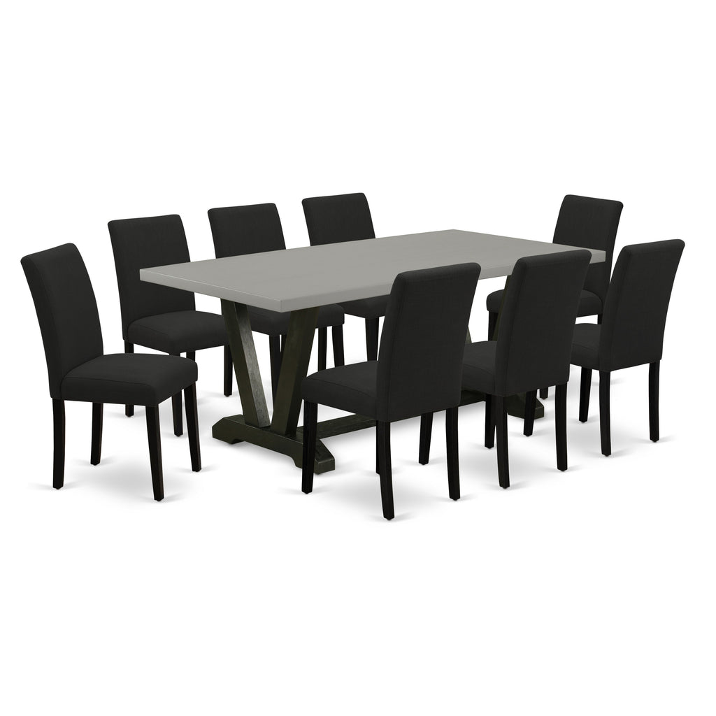 East West Furniture V697AB624-9 9 Piece Dining Room Table Set Includes a Rectangle Kitchen Table with V-Legs and 8 Black Color Linen Fabric Parson Dining Chairs, 40x72 Inch, Multi-Color