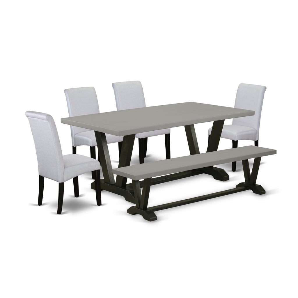 V697BA105-6 6Pc Dinette Set - 40x72" Rectangular Table, 4 Parson Chairs and a Bench - Wirebrushed Black & Cement Color