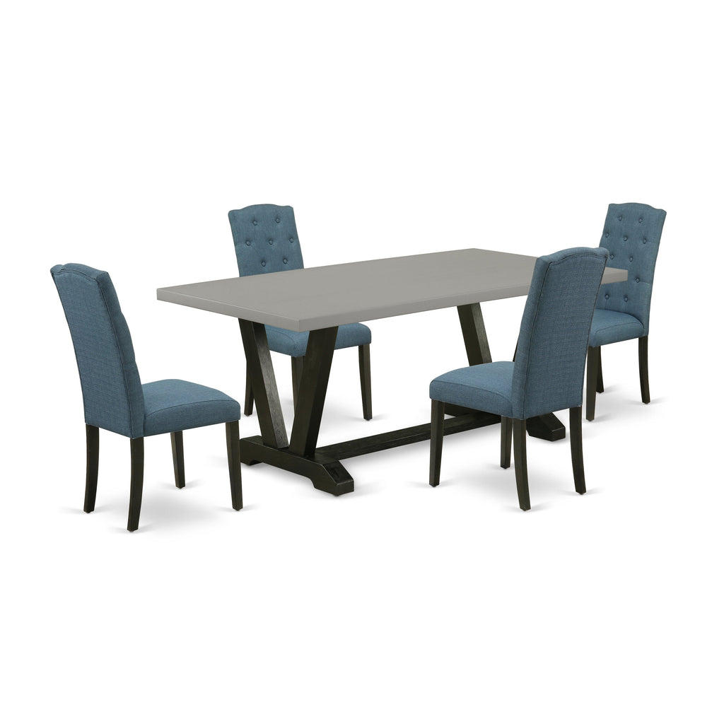 East West Furniture V697CE121-5 5 Piece Dinette Set Includes a Rectangle Dining Room Table with V-Legs and 4 Mineral Blue Linen Fabric Parson Dining Chairs, 40x72 Inch, Multi-Color