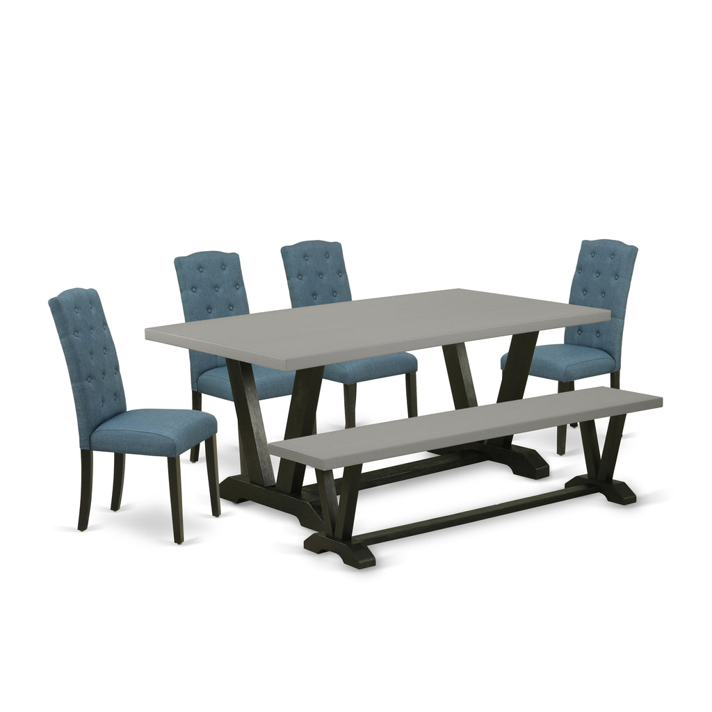 V697CE121-6 6Pc Dining Room Set - 40x72" Rectangular Table, 4 Parson Chairs and a Bench - Wirebrushed Black & Cement Color