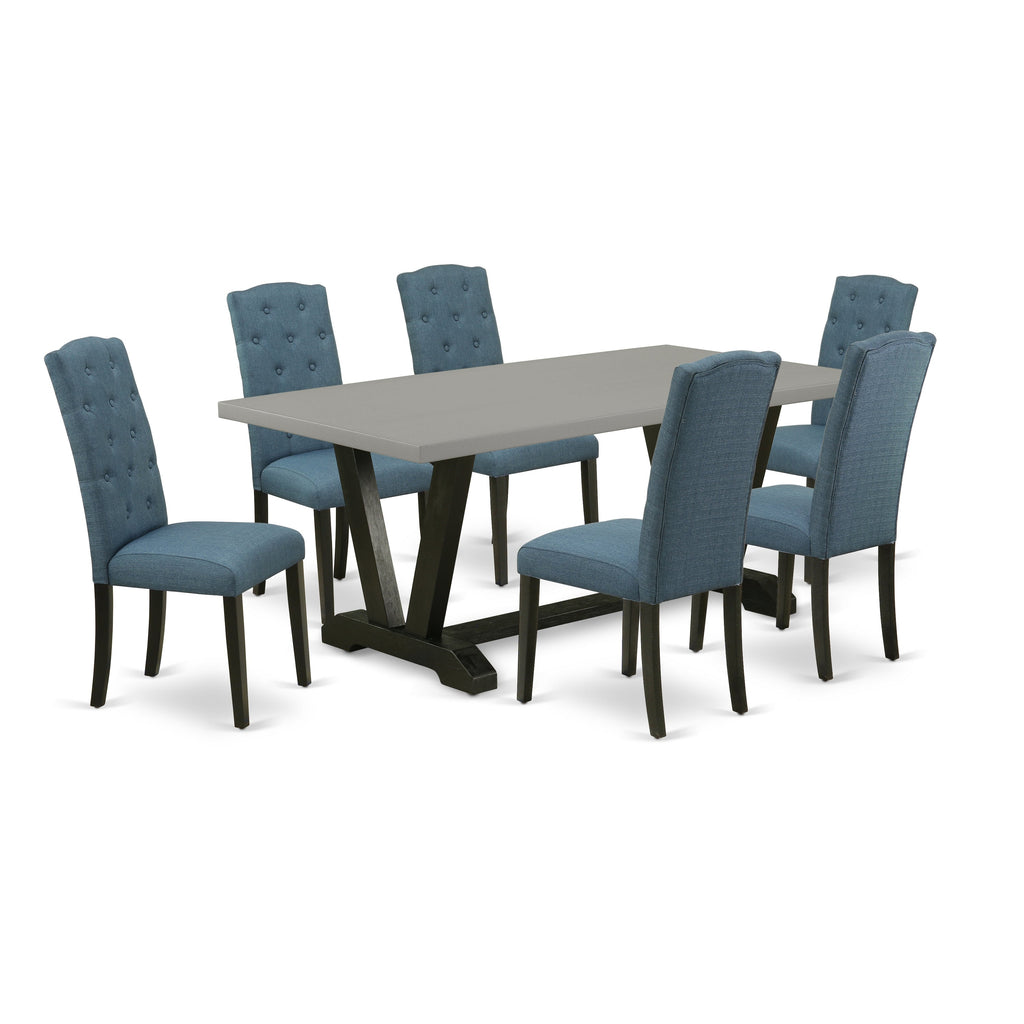 East West Furniture V697CE121-7 7 Piece Dining Room Set Consist of a Rectangle Dining Table with V-Legs and 6 Mineral Blue Linen Fabric Parson Chairs, 40x72 Inch, Multi-Color