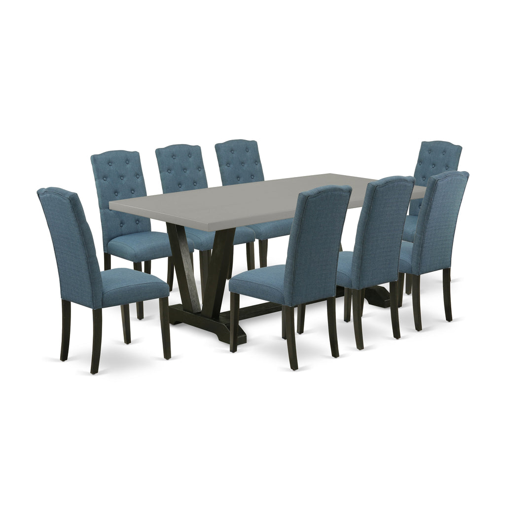 East West Furniture V697CE121-9 9 Piece Modern Dining Table Set Includes a Rectangle Wooden Table with V-Legs and 8 Mineral Blue Linen Fabric Parson Dining Chairs, 40x72 Inch, Multi-Color