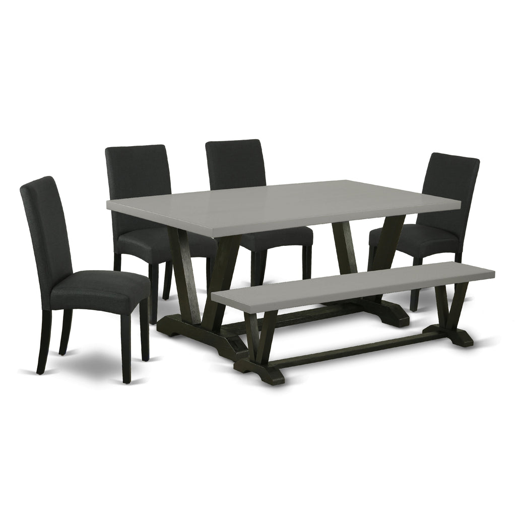 East West Furniture V697DR124-6 6 Piece Dining Table Set Contains a Rectangle Wooden Table with V-Legs and 4 Black Color Linen Fabric Parson Chairs with a Bench, 40x72 Inch, Multi-Color