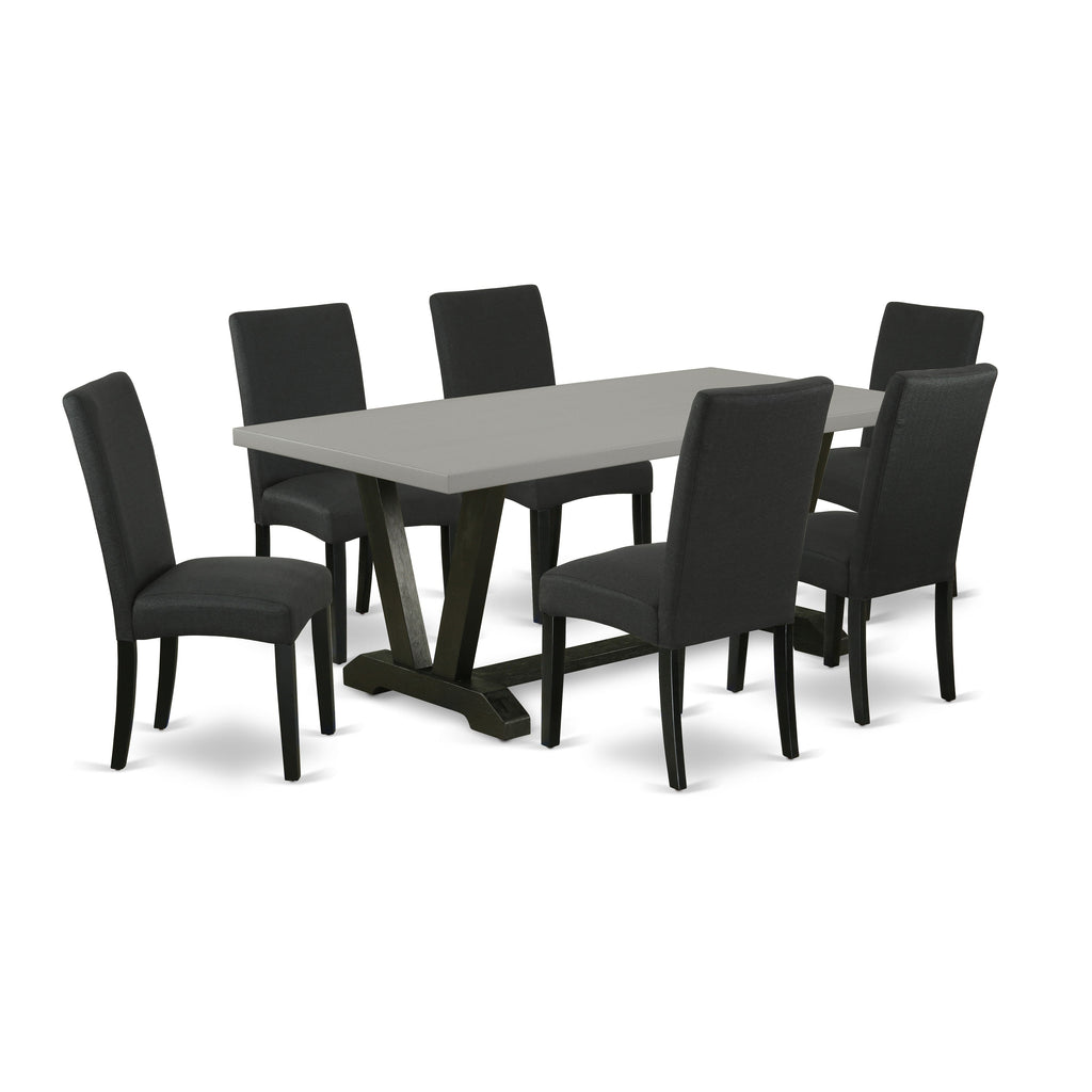 East West Furniture V697DR124-7 7 Piece Modern Dining Table Set Consist of a Rectangle Wooden Table with V-Legs and 6 Black Color Linen Fabric Parsons Dining Chairs, 40x72 Inch, Multi-Color