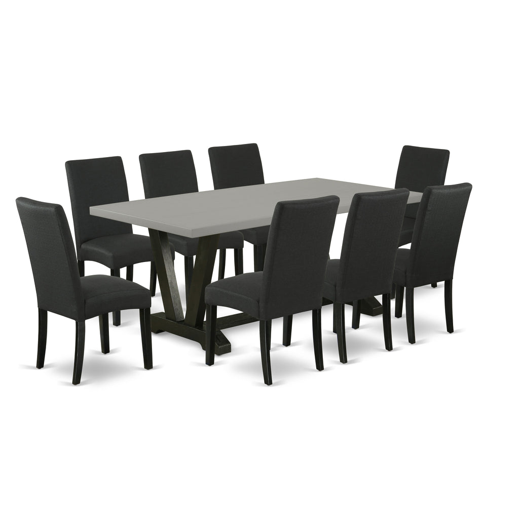 East West Furniture V697DR124-9 9 Piece Dining Table Set Includes a Rectangle Dining Room Table with V-Legs and 8 Black Color Linen Fabric Upholstered Chairs, 40x72 Inch, Multi-Color