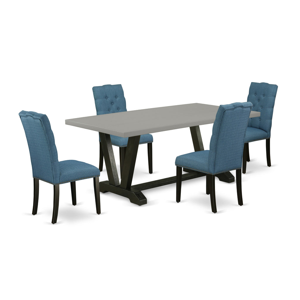 East West Furniture V697EL121-5 5 Piece Dinette Set Includes a Rectangle Dining Room Table with V-Legs and 4 Blue Linen Fabric Upholstered Parson Chairs, 40x72 Inch, Multi-Color