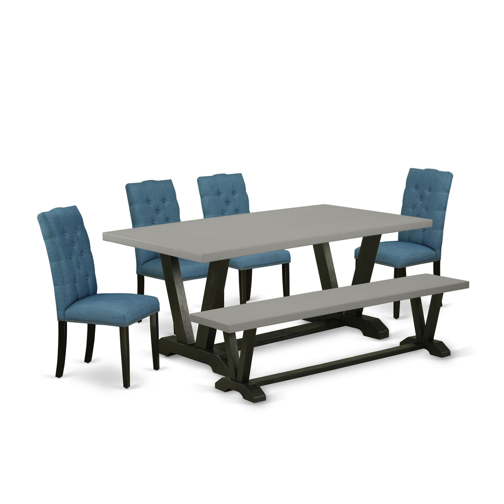 East West Furniture V697EL121-6 6 Piece Kitchen Table Set Contains a Rectangle Dining Table with V-Legs and 4 Blue Linen Fabric Parson Chairs with a Bench, 40x72 Inch, Multi-Color