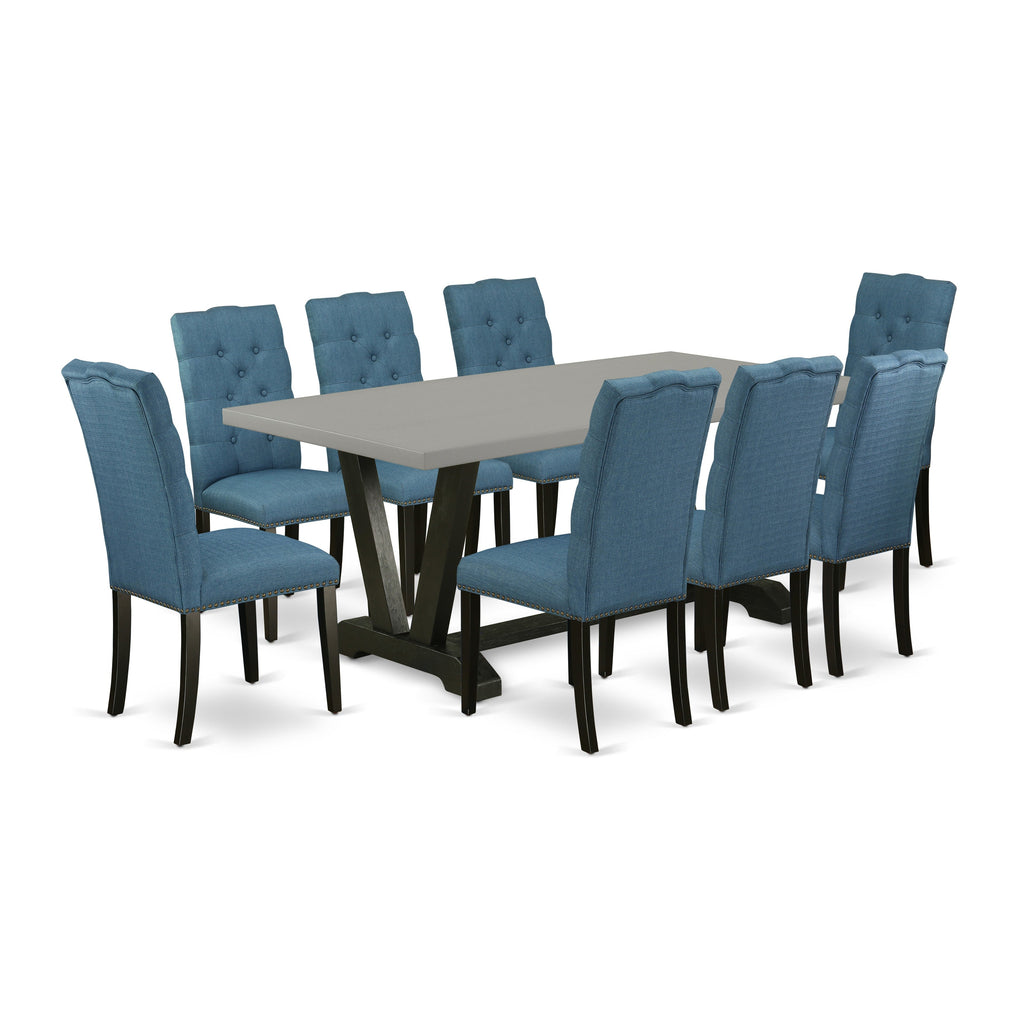 East West Furniture V697EL121-9 9 Piece Dining Room Table Set Includes a Rectangle Kitchen Table with V-Legs and 8 Blue Linen Fabric Parson Dining Chairs, 40x72 Inch, Multi-Color