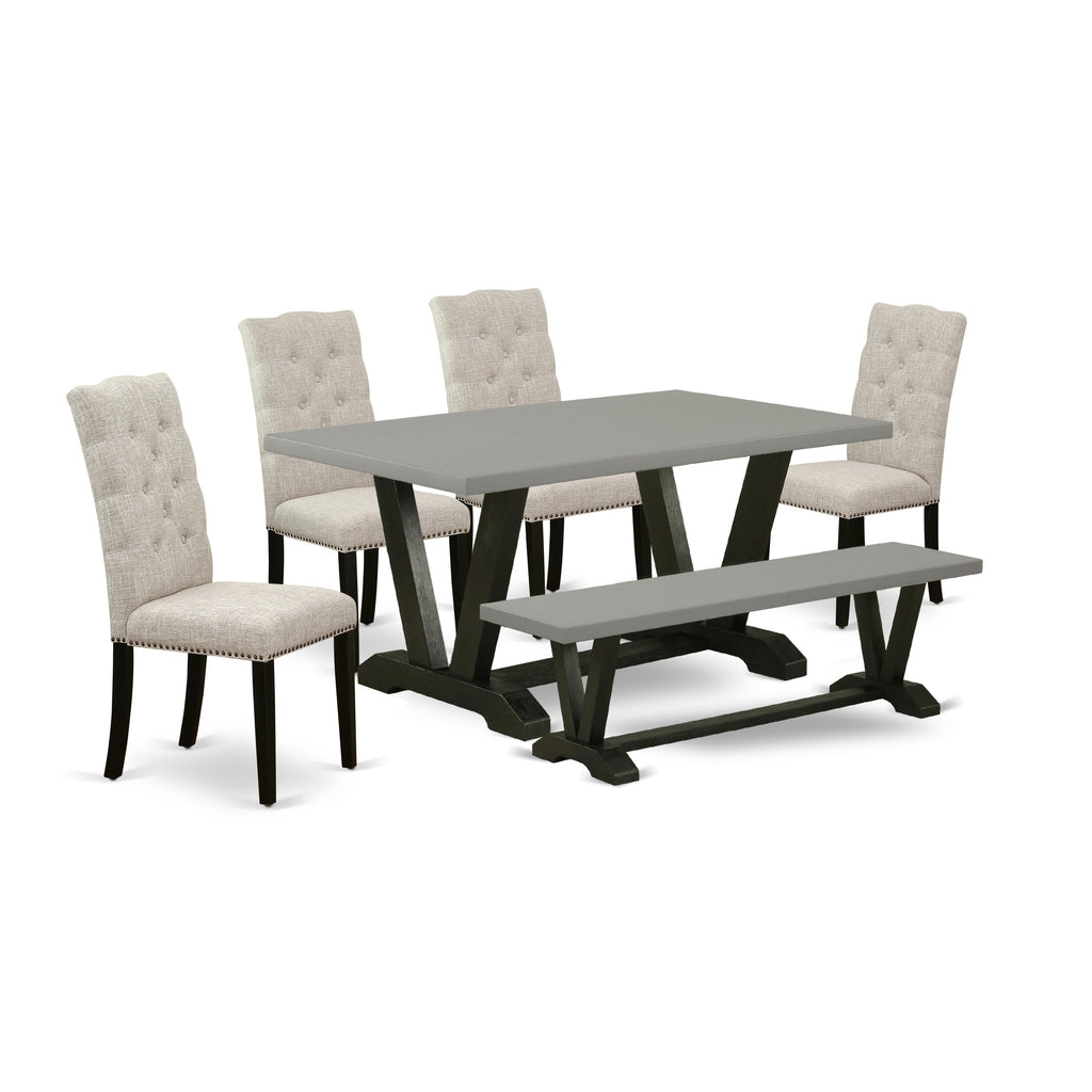 East West Furniture V697EL635-6 6 Piece Dining Table Set Contains a Rectangle Dining Room Table with V-Legs and 4 Doeskin Linen Fabric Parson Chairs with a Bench, 40x72 Inch, Multi-Color