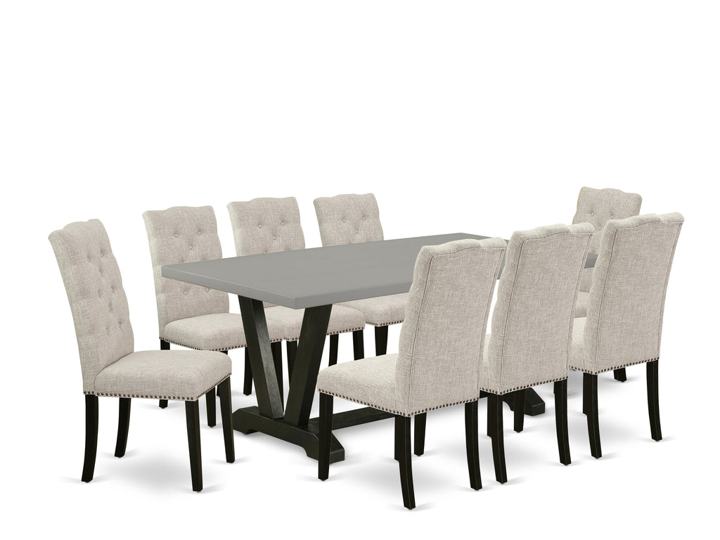 East West Furniture V697EL635-9 9 Piece Dining Set Includes a Rectangle Dining Room Table with V-Legs and 8 Doeskin Linen Fabric Upholstered Parson Chairs, 40x72 Inch, Multi-Color