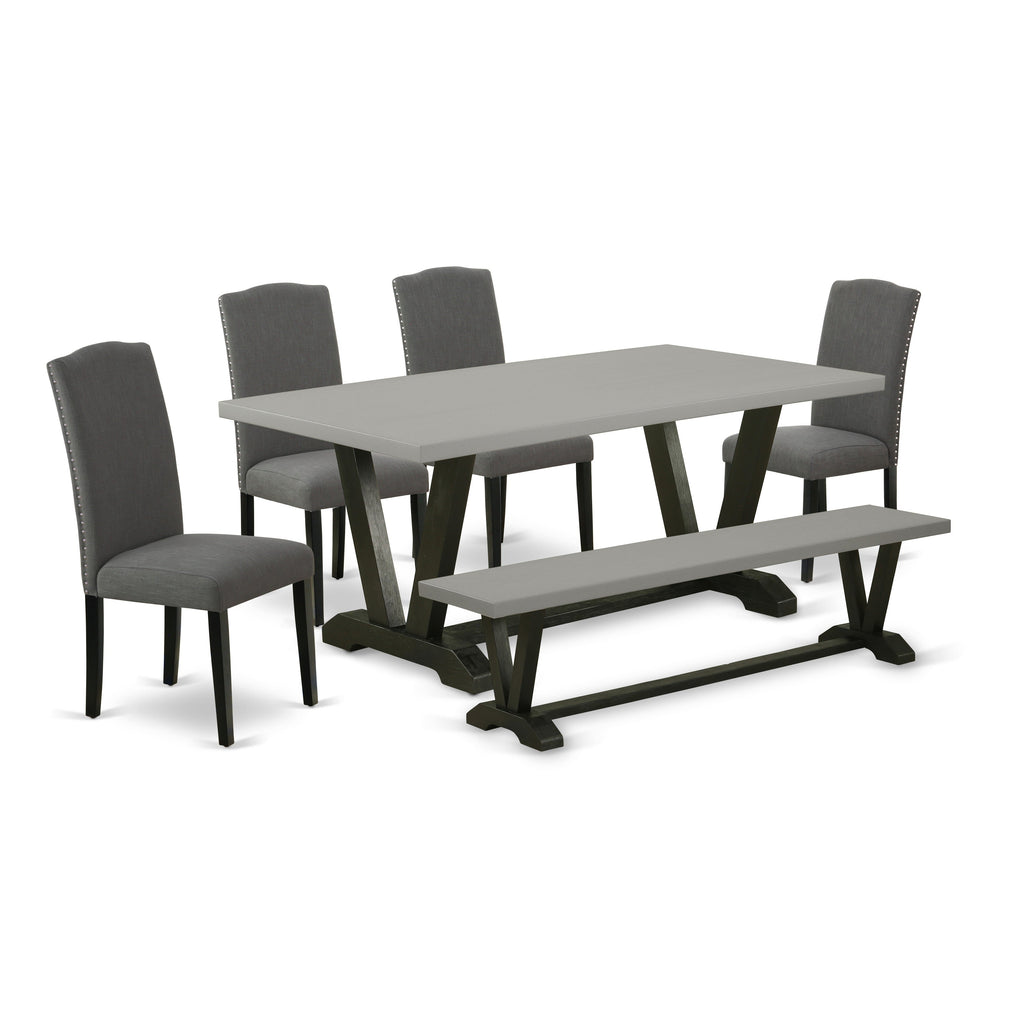 East West Furniture V697EN120-6 6 Piece Kitchen Table Set Contains a Rectangle Dining Table with V-Legs and 4 Dark Gotham Linen Fabric Parson Chairs with a Bench, 40x72 Inch, Multi-Color