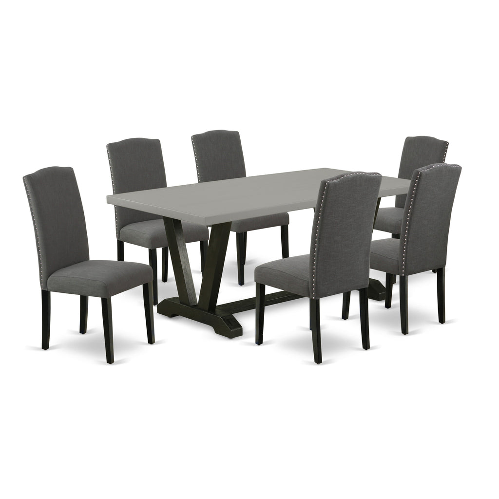 East West Furniture V697EN120-7 7 Piece Kitchen Table Set Consist of a Rectangle Dining Table with V-Legs and 6 Dark Gotham Linen Fabric Parson Dining Chairs, 40x72 Inch, Multi-Color