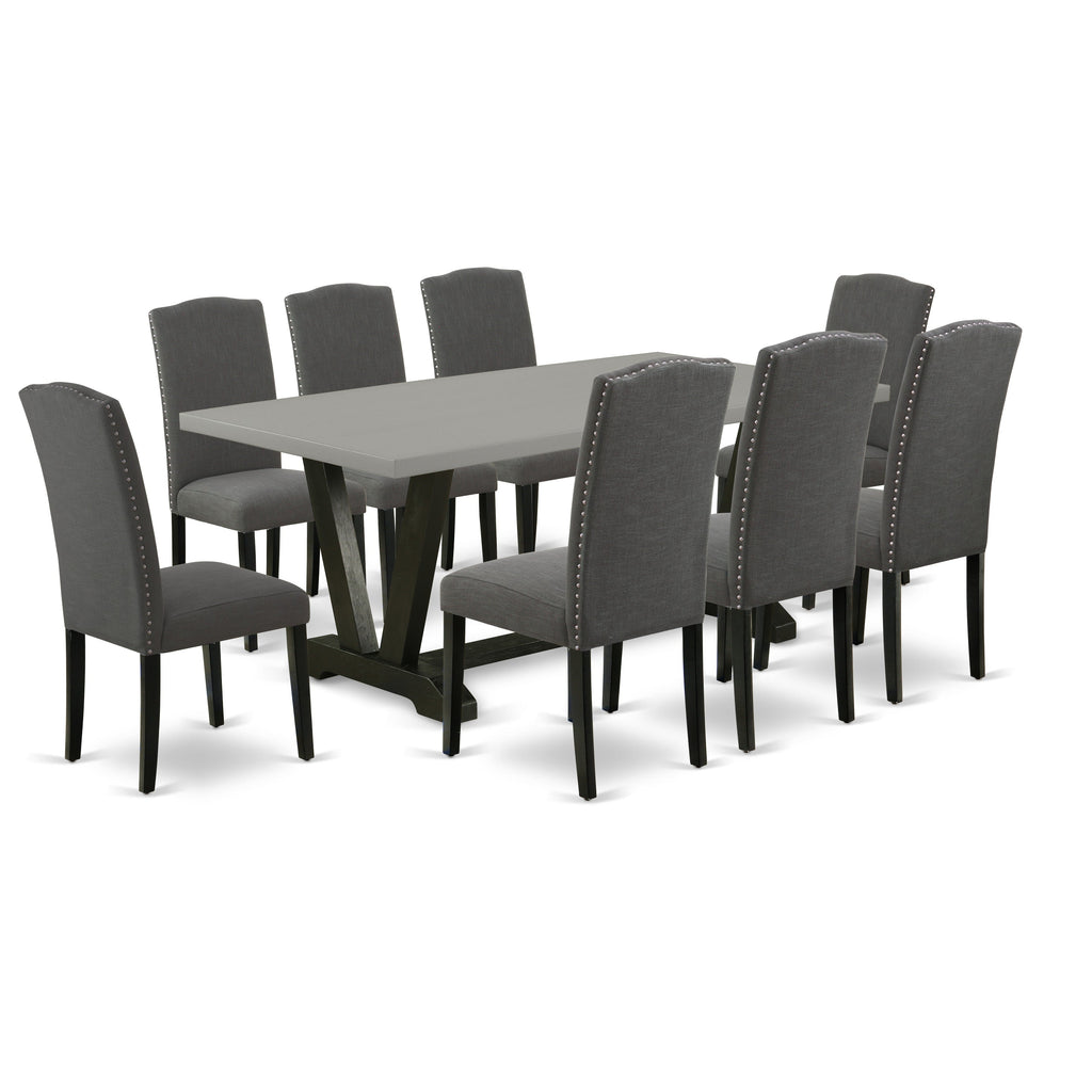 East West Furniture V697EN120-9 9 Piece Modern Dining Table Set Includes a Rectangle Wooden Table with V-Legs and 8 Dark Gotham Linen Fabric Parson Dining Chairs, 40x72 Inch, Multi-Color
