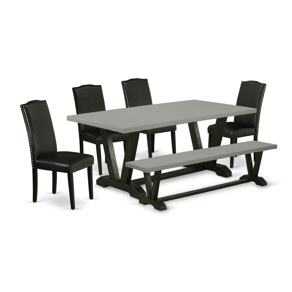 East West Furniture V697EN169-6 6 Piece Modern Dining Table Set Contains a Rectangle Wooden Table with V-Legs and 4 Black Faux Leather Parson Chairs with a Bench, 40x72 Inch, Multi-Color
