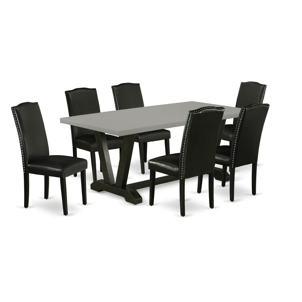 East West Furniture V697EN169-7 7 Piece Dinette Set Consist of a Rectangle Dining Room Table with V-Legs and 6 Black Faux Leather Upholstered Parson Chairs, 40x72 Inch, Multi-Color