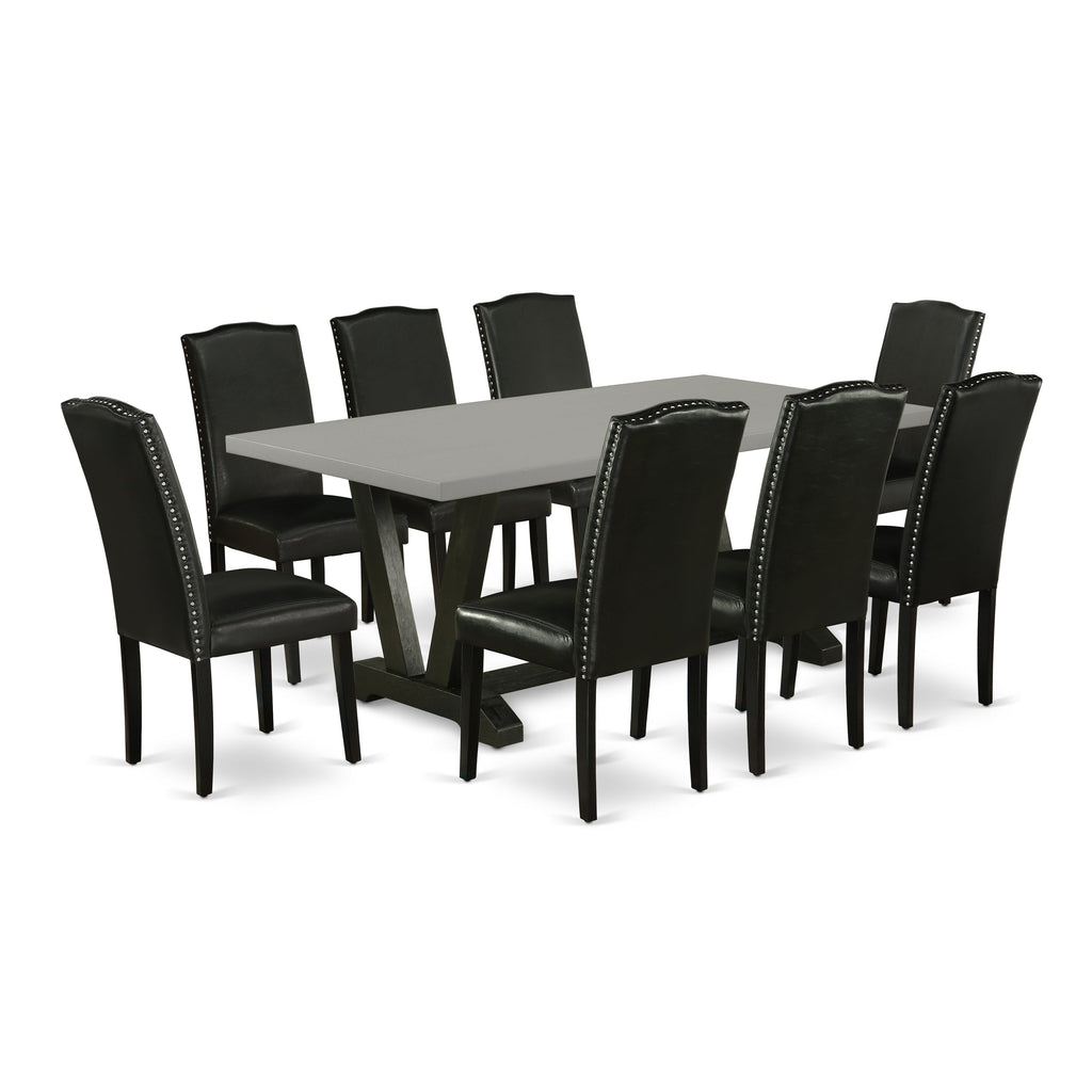 East West Furniture V697EN169-9 9 Piece Dining Table Set Includes a Rectangle Dining Room Table with V-Legs and 8 Black Faux Leather Parsons Chairs, 40x72 Inch, Multi-Color