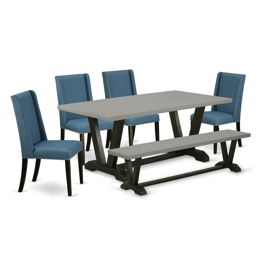 East West Furniture V697FL121-6 6 Piece Dining Room Furniture Set Contains a Rectangle Dining Table with V-Legs and 4 Blue Linen Fabric Parson Chairs with a Bench, 40x72 Inch, Multi-Color