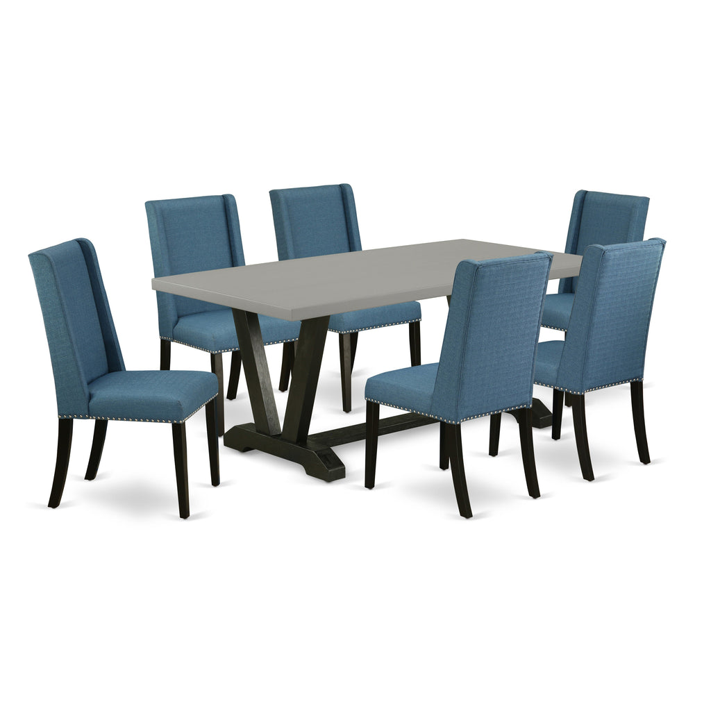 East West Furniture V697FL121-7 7 Piece Dining Room Table Set Consist of a Rectangle Kitchen Table with V-Legs and 6 Blue Linen Fabric Parson Dining Chairs, 40x72 Inch, Multi-Color
