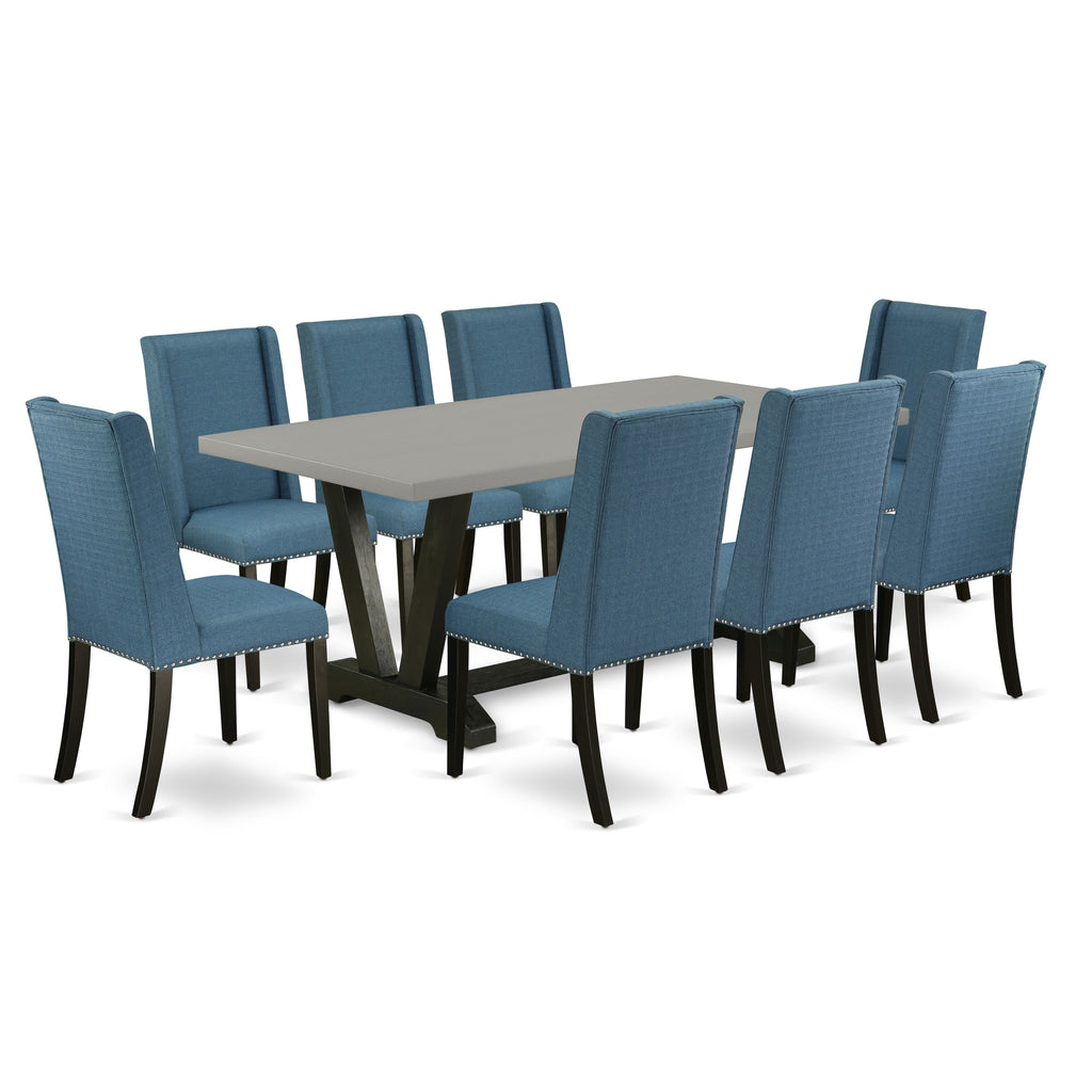 East West Furniture V697FL121-9 9 Piece Dining Table Set Includes a Rectangle Dining Room Table with V-Legs and 8 Blue Linen Fabric Parsons Chairs, 40x72 Inch, Multi-Color