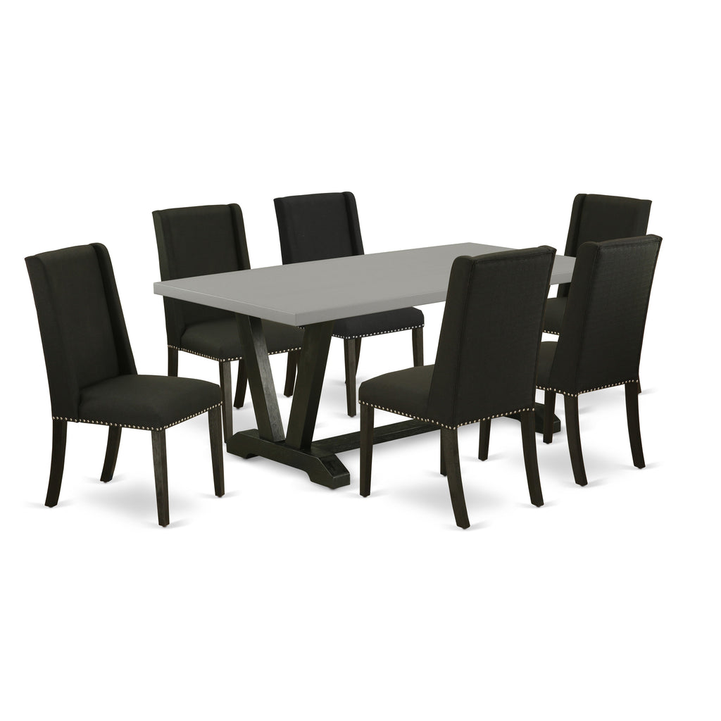 East West Furniture V697FL624-7 7 Piece Modern Dining Table Set Consist of a Rectangle Wooden Table with V-Legs and 6 Black Linen Fabric Parson Dining Chairs, 40x72 Inch, Multi-Color