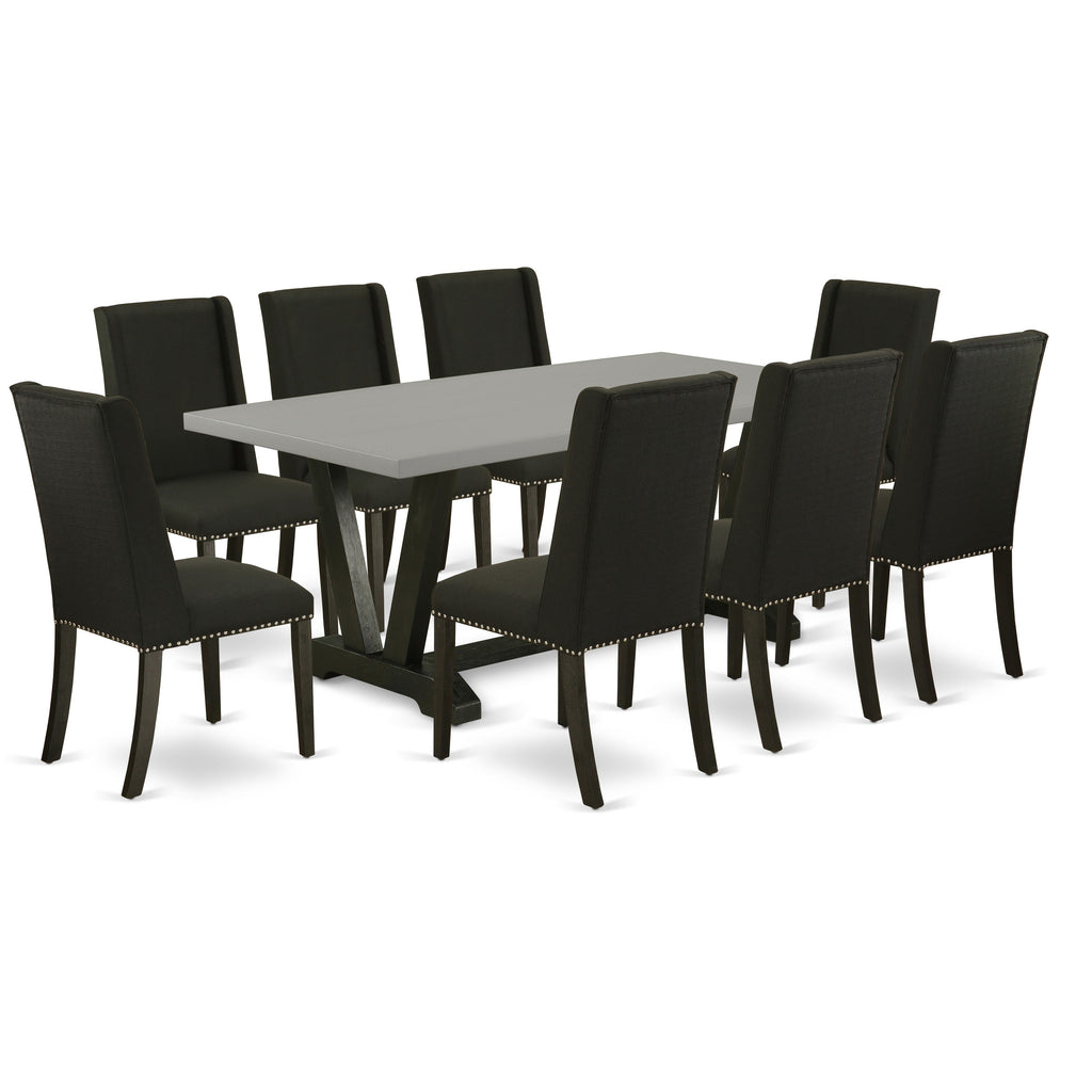 East West Furniture V697FL624-9 9 Piece Kitchen Table Set Includes a Rectangle Dining Table with V-Legs and 8 Black Linen Fabric Parson Dining Room Chairs, 40x72 Inch, Multi-Color