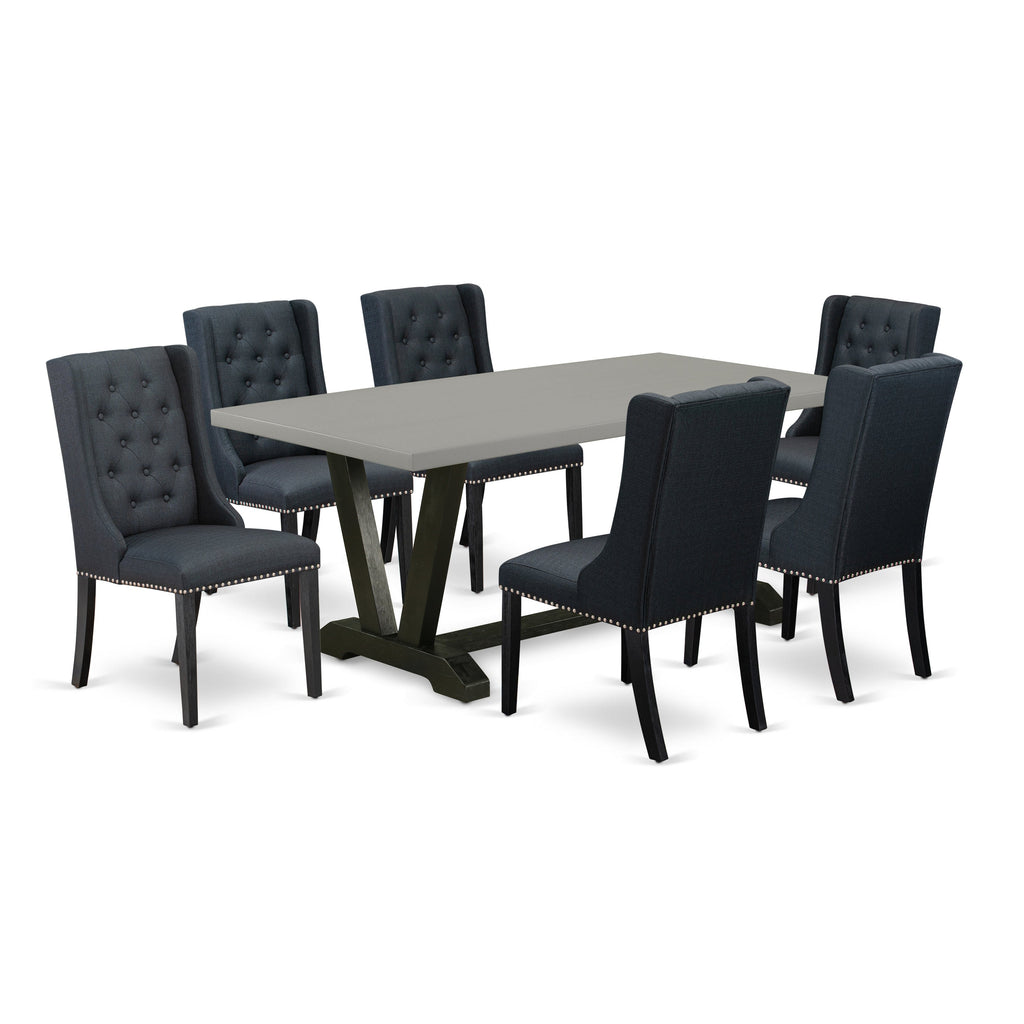 East West Furniture V697FO624-7 7 Piece Kitchen Table & Chairs Set Consist of a Rectangle Dining Table with V-Legs and 6 Black Linen Fabric Parson Dining Chairs, 40x72 Inch, Multi-Color