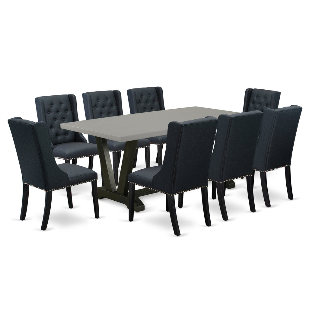 East West Furniture V697FO624-9 9 Piece Dining Room Table Set Includes a Rectangle Dining Table with V-Legs and 8 Black Linen Fabric Upholstered Parson Chairs, 40x72 Inch, Multi-Color