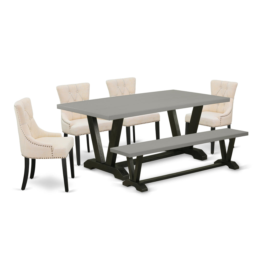 East West Furniture V697FR102-6 6 Piece Dining Table Set Contains a Rectangle Kitchen Table with V-Legs and 4 Light Beige Linen Fabric Parson Chairs with a Bench, 40x72 Inch, Multi-Color