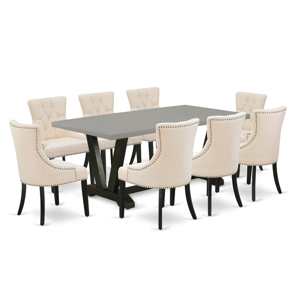 East West Furniture V697FR102-9 9 Piece Dining Room Set Includes a Rectangle Kitchen Table with V-Legs and 8 Light Beige Linen Fabric Upholstered Parson Chairs, 40x72 Inch, Multi-Color