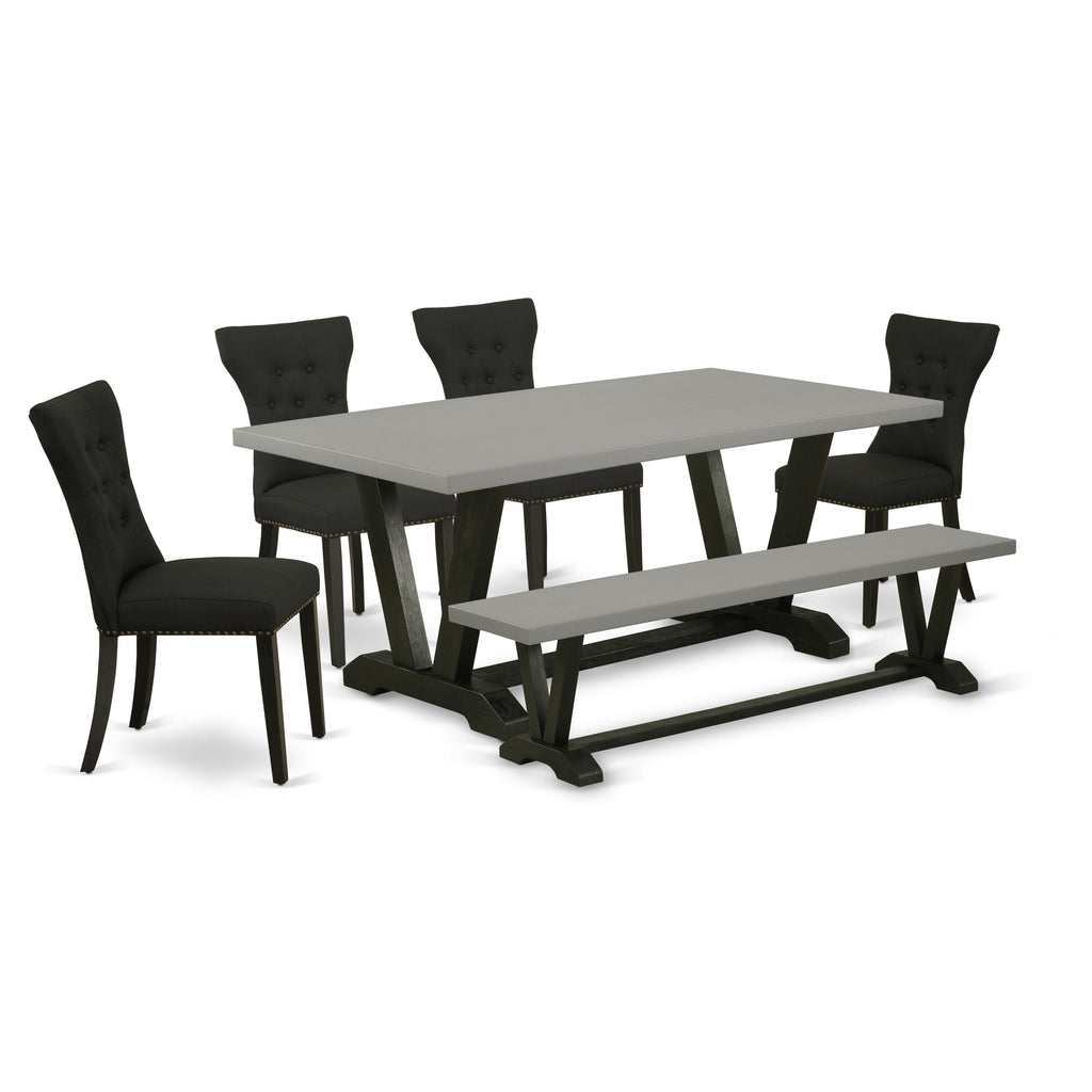 East West Furniture V697GA124-6 6 Piece Modern Dining Table Set Contains a Rectangle Wooden Table with V-Legs and 4 Black Linen Fabric Parson Chairs with a Bench, 40x72 Inch, Multi-Color