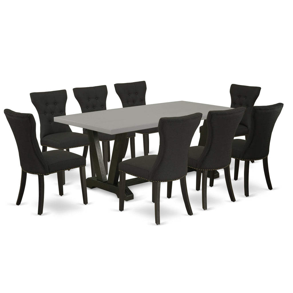 East West Furniture V697GA124-9 9 Piece Dining Room Table Set Includes a Rectangle Kitchen Table with V-Legs and 8 Black Linen Fabric Parson Dining Chairs, 40x72 Inch, Multi-Color