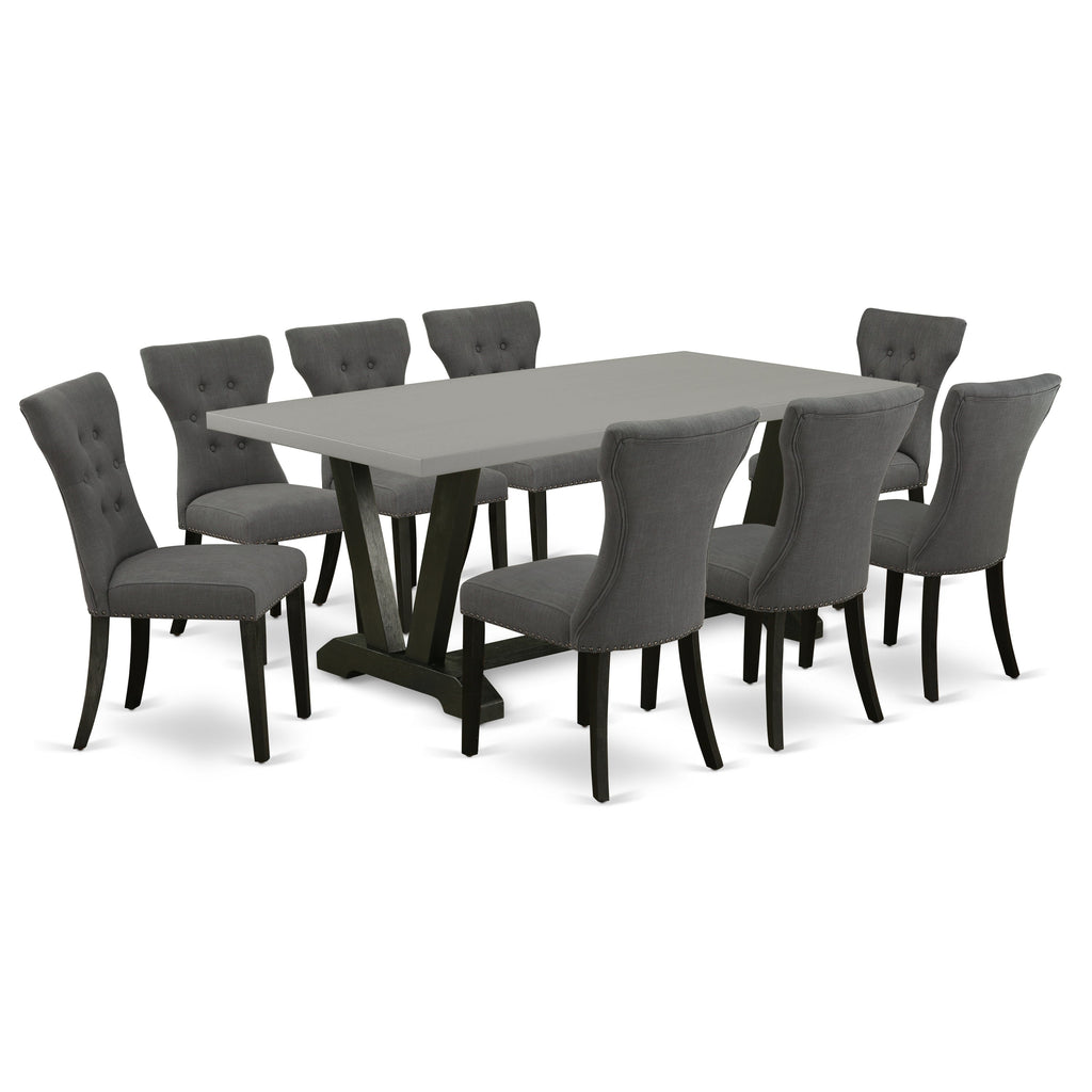 East West Furniture V697GA650-9 9 Piece Modern Dining Table Set Includes a Rectangle Wooden Table with V-Legs and 8 Dark Gotham Linen Fabric Upholstered Chairs, 40x72 Inch, Multi-Color