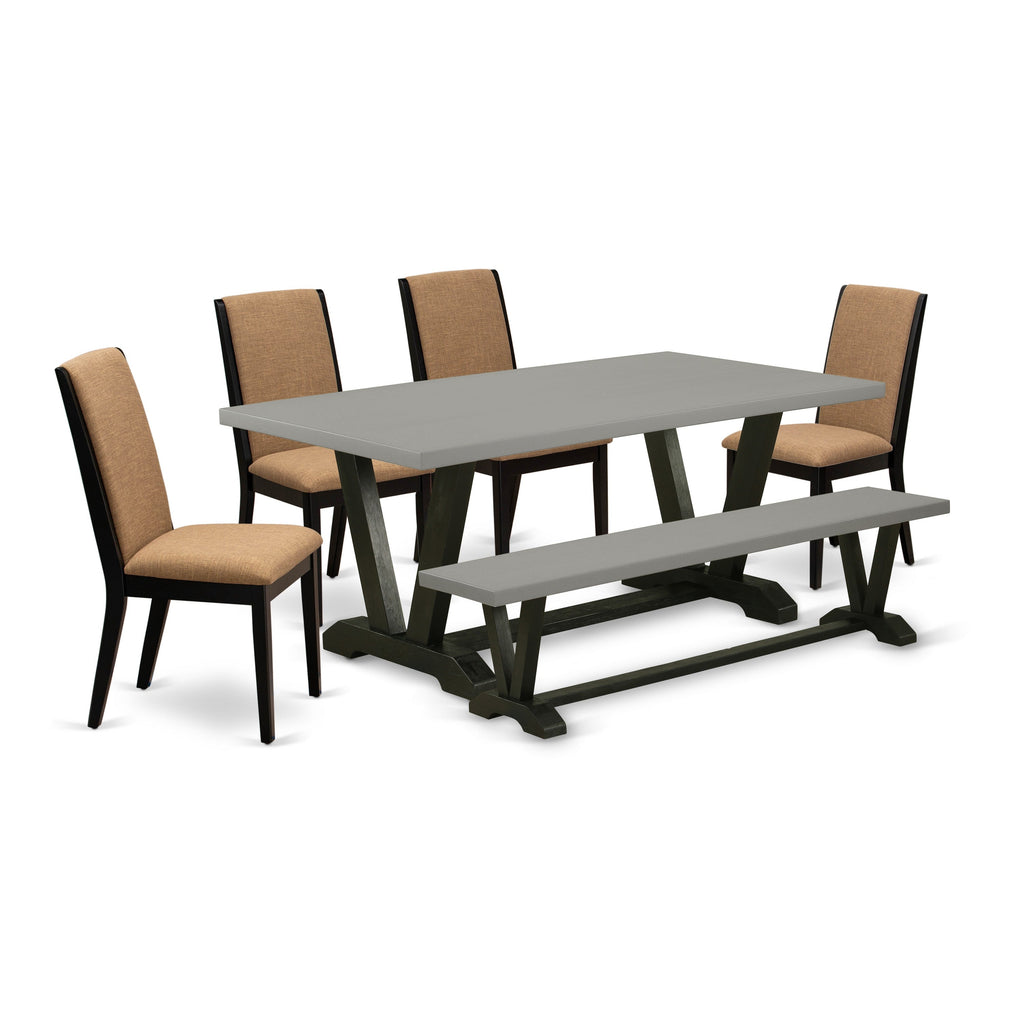 East West Furniture V697LA147-6 6 Piece Dining Table Set Contains a Rectangle Kitchen Table with V-Legs and 4 Light Sable Linen Fabric Parson Chairs with a Bench, 40x72 Inch, Multi-Color