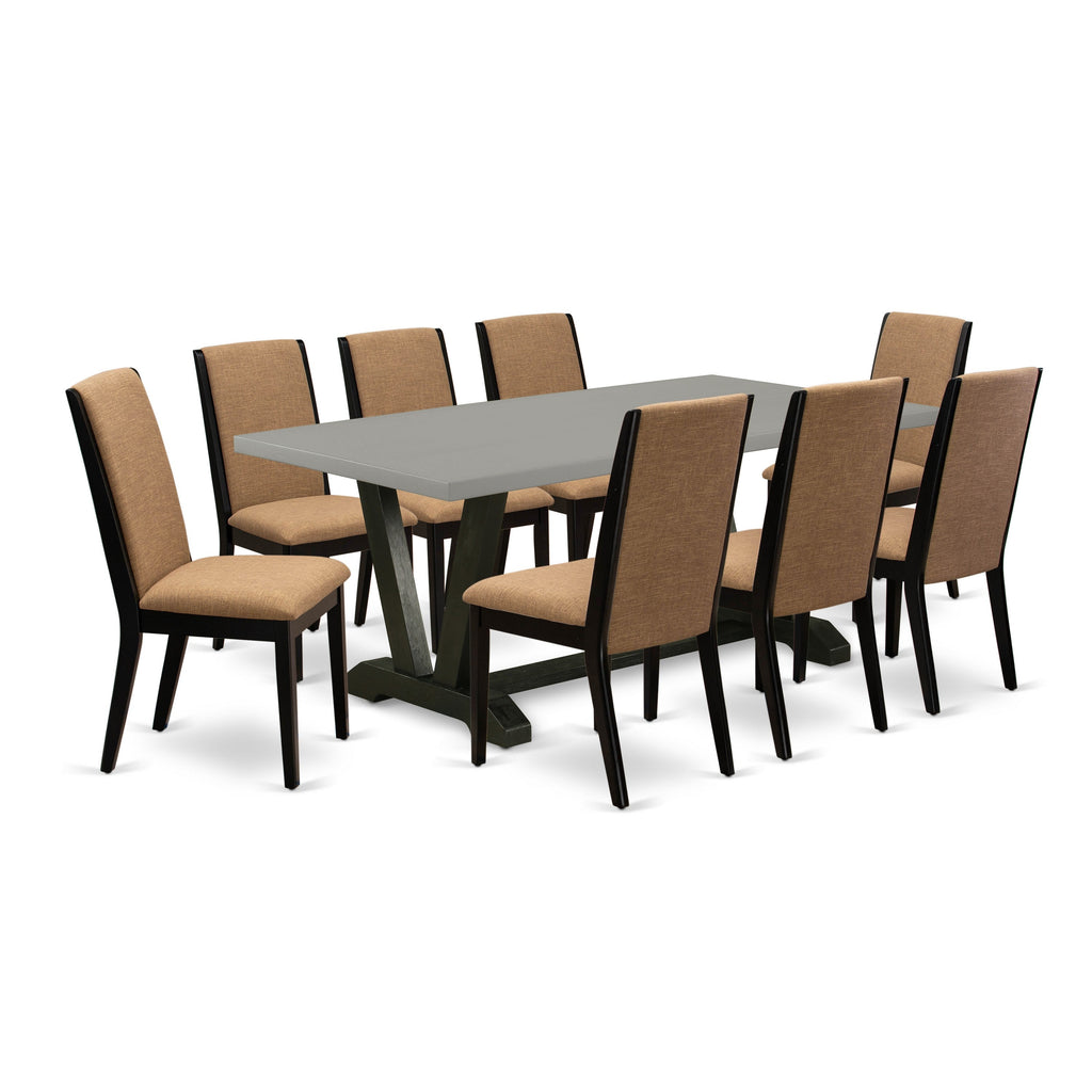 East West Furniture V697LA147-9 9 Piece Dining Table Set Includes a Rectangle Dining Room Table with V-Legs and 8 Light Sable Linen Fabric Upholstered Chairs, 40x72 Inch, Multi-Color