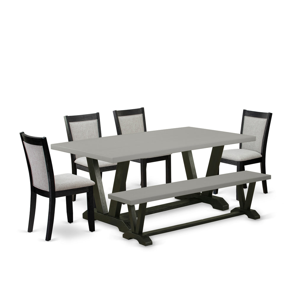 East West Furniture V697MZ606-6 6 Piece Dining Table Set Contains a Rectangle Dining Room Table with V-Legs and 4 Shitake Linen Fabric Parson Chairs with a Bench, 40x72 Inch, Multi-Color