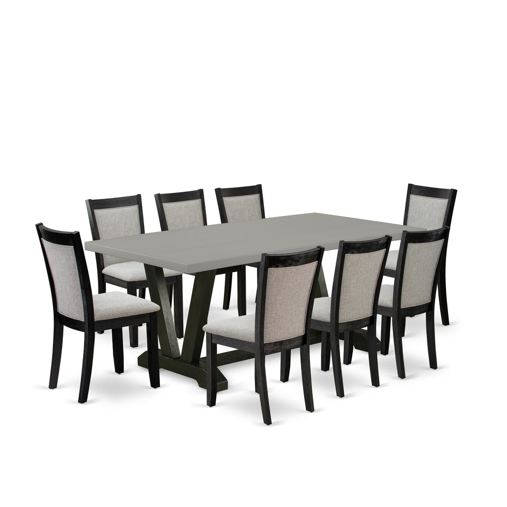 East West Furniture V697MZ606-9 9 Piece Dining Room Table Set Includes a Rectangle Dining Table with V-Legs and 8 Shitake Linen Fabric Upholstered Chairs, 40x72 Inch, Multi-Color