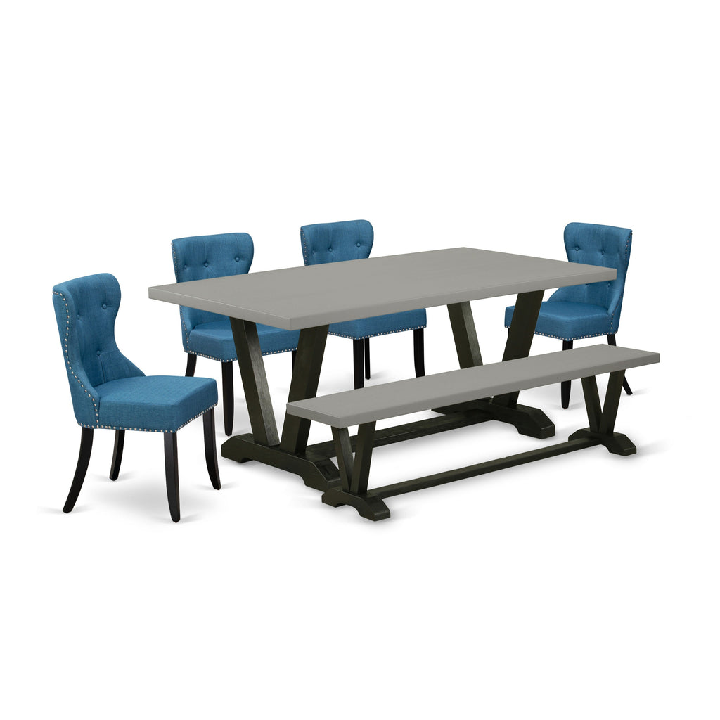 East West Furniture V697SI121-6 6 Piece Modern Dining Table Set Contains a Rectangle Wooden Table with V-Legs and 4 Blue Linen Fabric Parson Chairs with a Bench, 40x72 Inch, Multi-Color