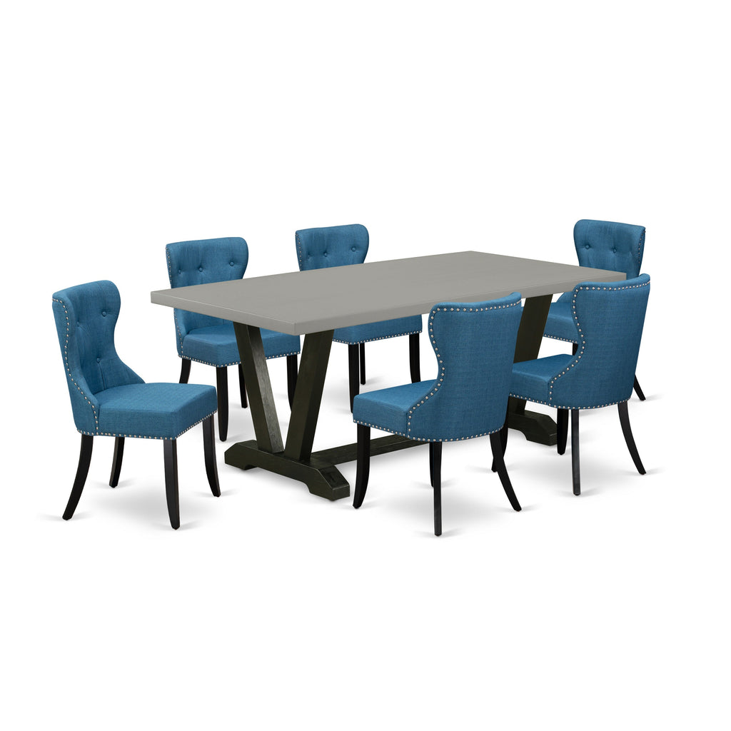 East West Furniture V697SI121-7 7 Piece Dinette Set Consist of a Rectangle Dining Room Table with V-Legs and 6 Blue Linen Fabric Upholstered Parson Chairs, 40x72 Inch, Multi-Color