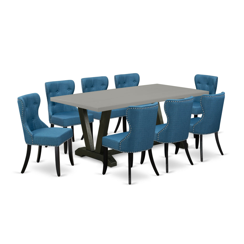 East West Furniture V697SI121-9 9 Piece Modern Dining Table Set Includes a Rectangle Wooden Table with V-Legs and 8 Blue Linen Fabric Upholstered Chairs, 40x72 Inch, Multi-Color