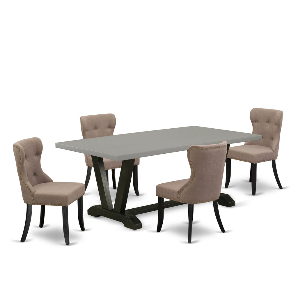 East West Furniture V697SI648-5 5 Piece Modern Dining Table Set Includes a Rectangle Wooden Table with V-Legs and 4 Coffee Linen Fabric Upholstered Parson Chairs, 40x72 Inch, Multi-Color