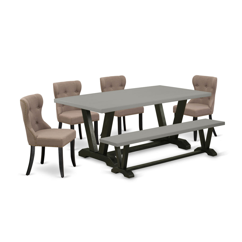 East West Furniture V697SI648-6 6 Piece Dining Room Table Set Contains a Rectangle Kitchen Table with V-Legs and 4 Coffee Linen Fabric Parson Chairs with a Bench, 40x72 Inch, Multi-Color